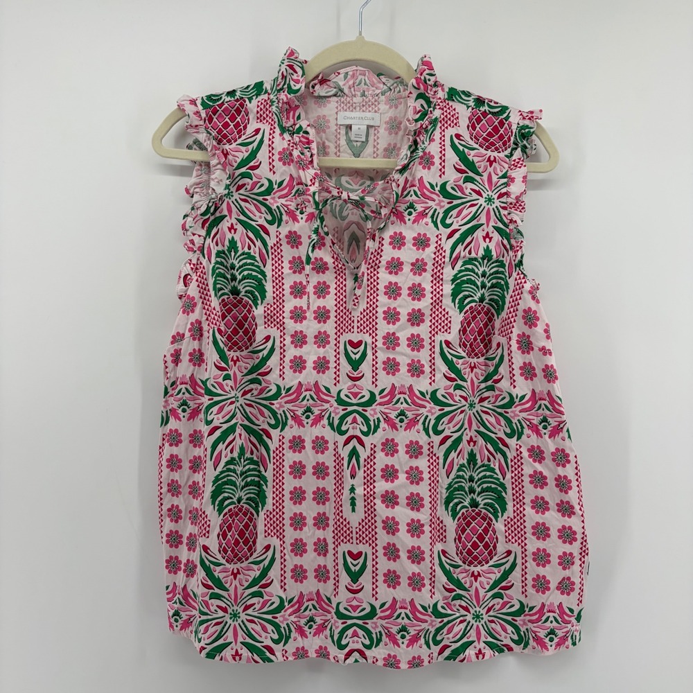 Charter Club Womens Medium Pink Pineapple Floral Ruffle Sleeveless Tie Neck Top